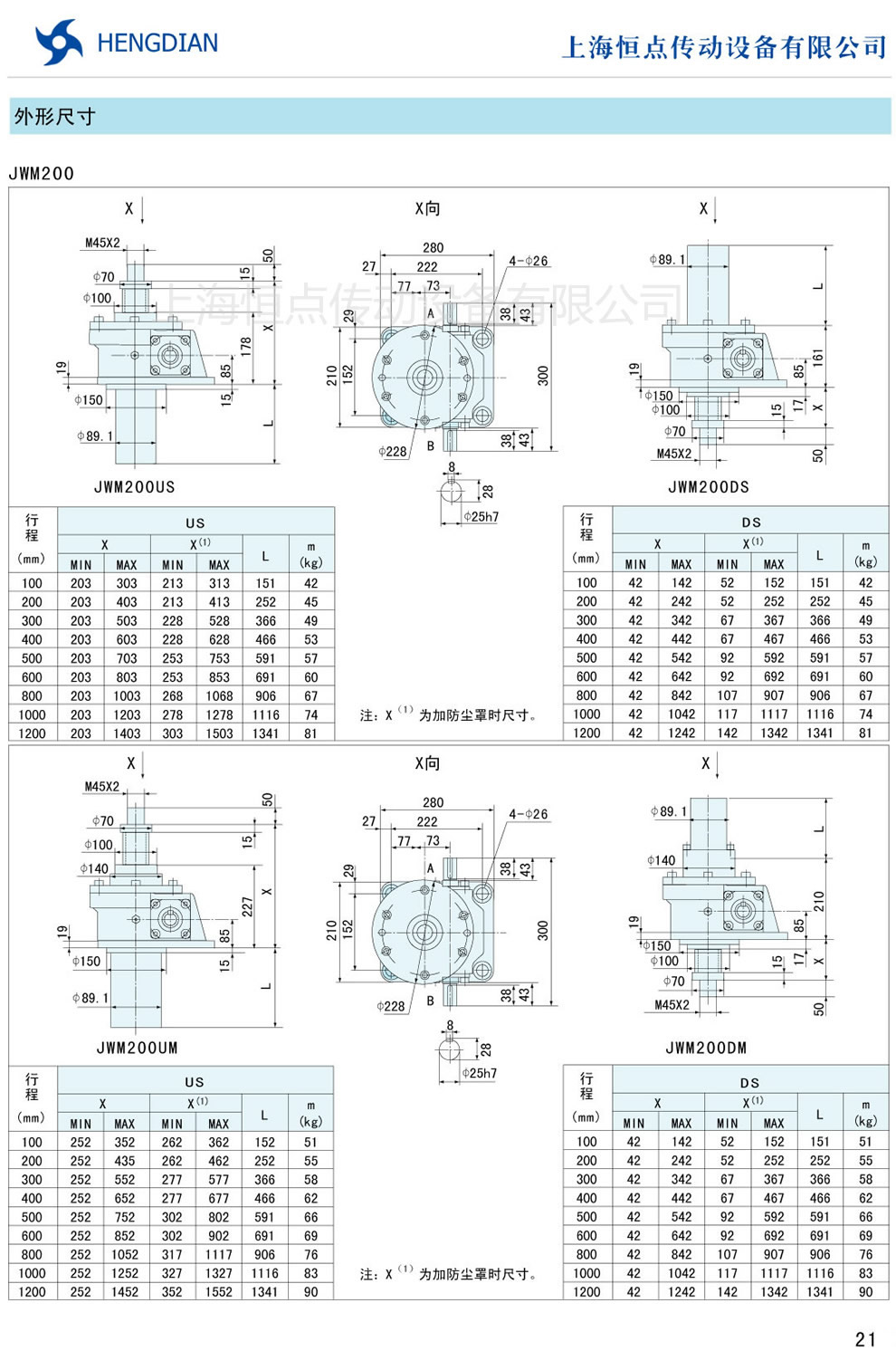 JWM螺旋升降機的外形尺寸 JWM200