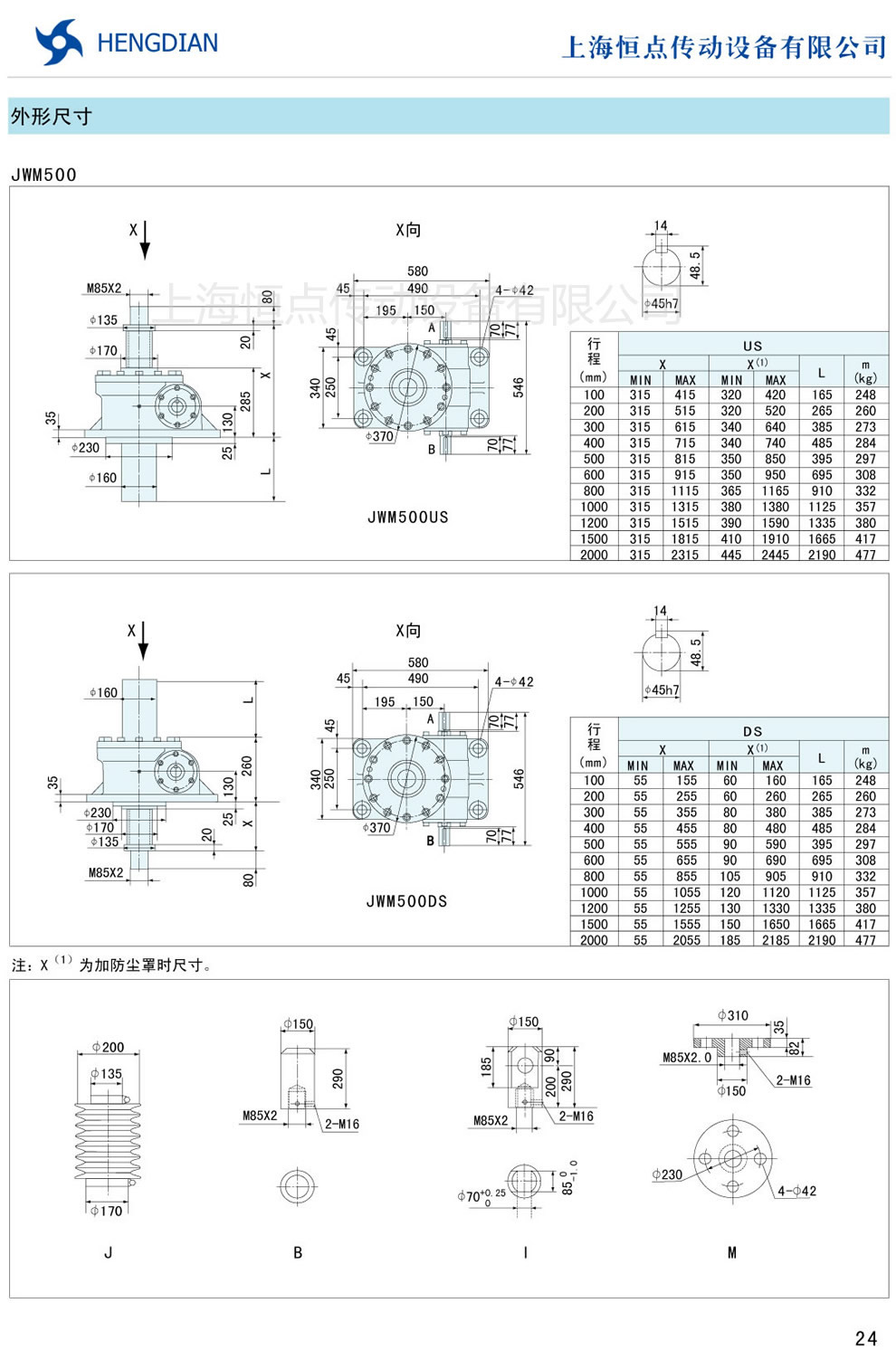 JWM螺旋升降機的外形尺寸 JWM500