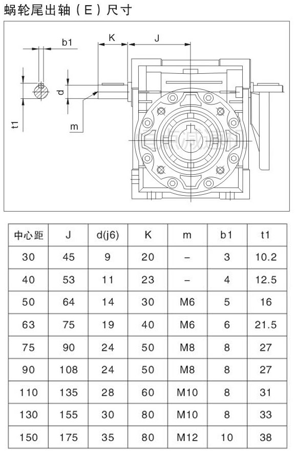 RV系列減速機蝸輪尾出軸的安裝尺寸