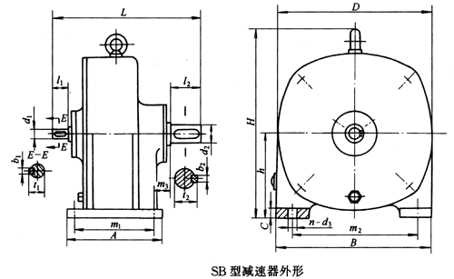 SB系列雙擺線針輪減速機外形及安裝尺寸、針齒中心圓直徑及傳動比