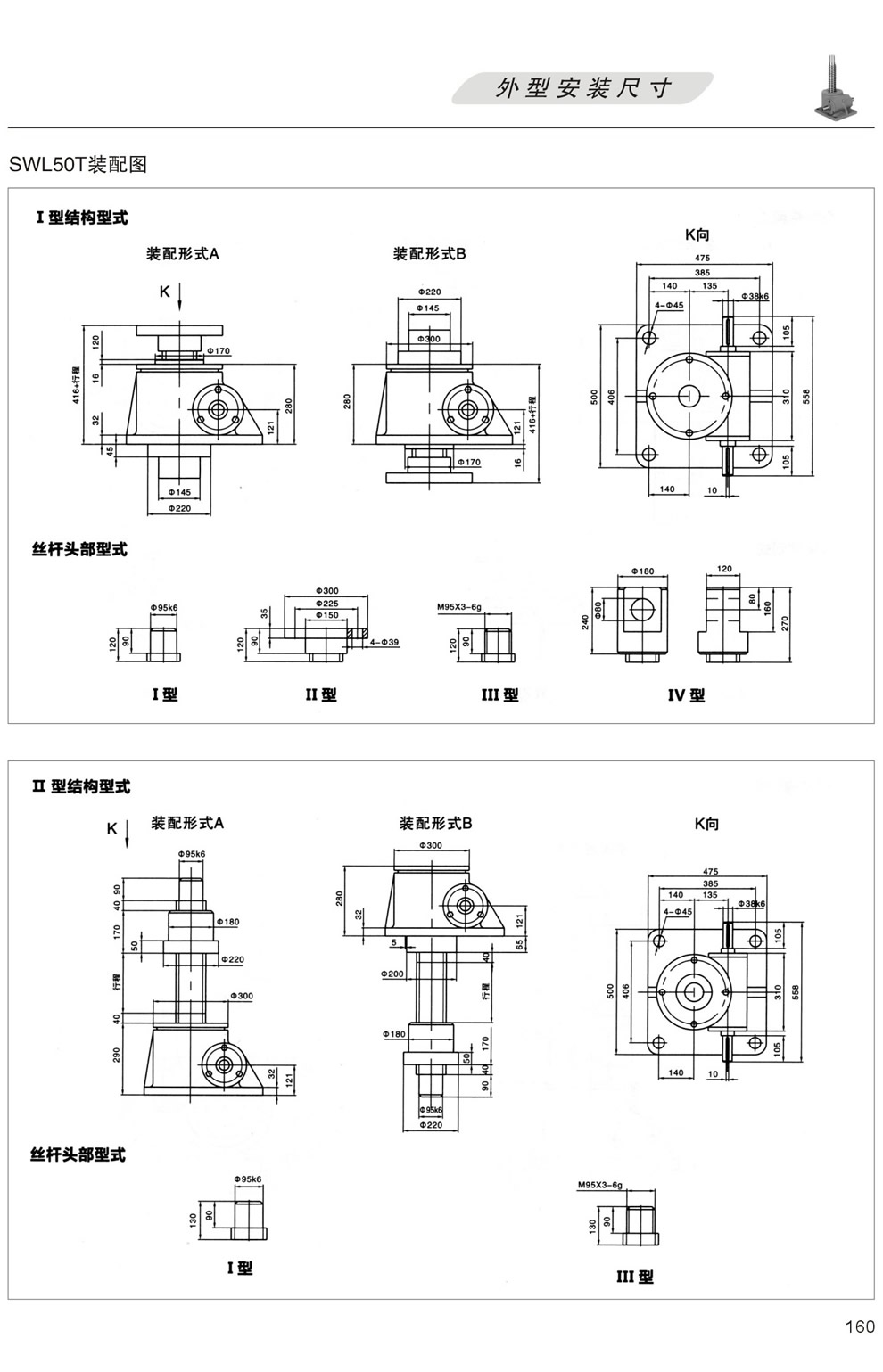 SWL50T裝配圖 外形安裝尺寸(I型絲杆升降,II型螺母升降)